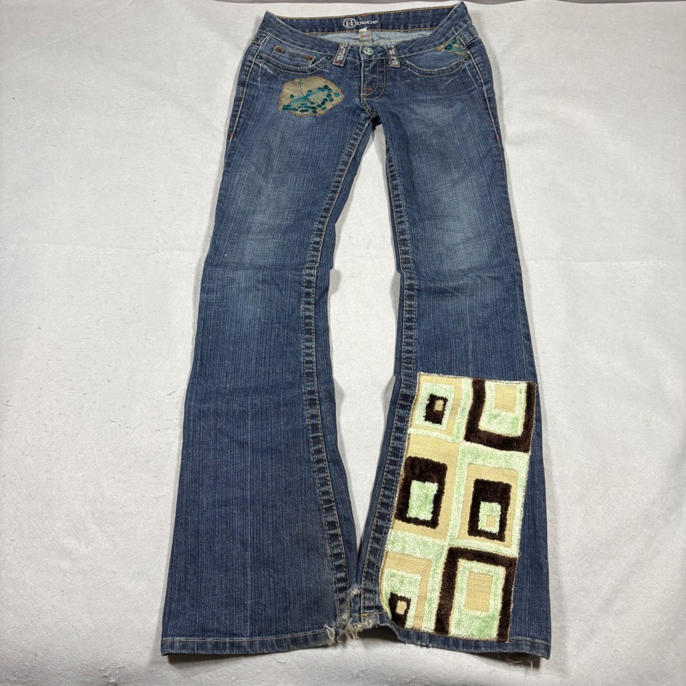 Bebe Vintage Y2K Flare Jeans Embroidered Beaded Velvet Patch Low Rise Size 28